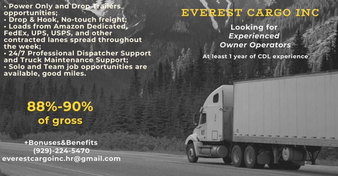 Everest Cargo Inc приглашает на работу водителей, Class A CDL 53' Van, Owner Operator & Company Driver.